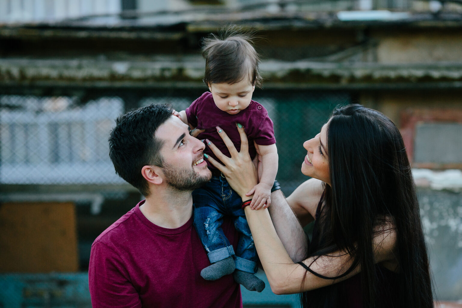 young family with a child on the nature